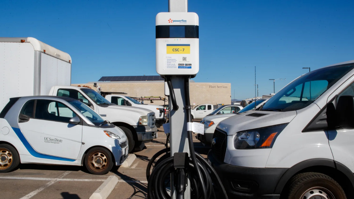 Electric fleet vehicles parked beside bidirectional charging station in a California utility pilot.