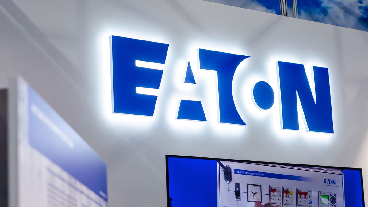 Eaton logo displayed at an electrification showcase highlighting grid and power management technology