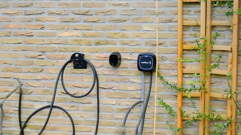 Wall-mounted EV charger with connected cables installed on a brick exterior wall