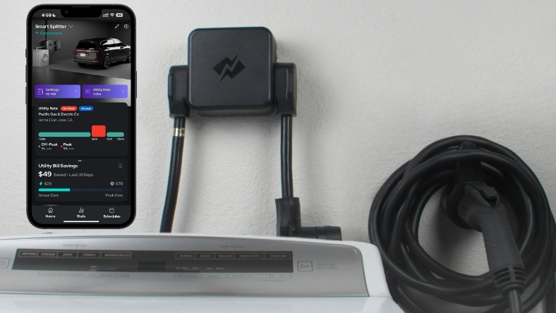 Smart EV charger connected to home wall unit with mobile app interface