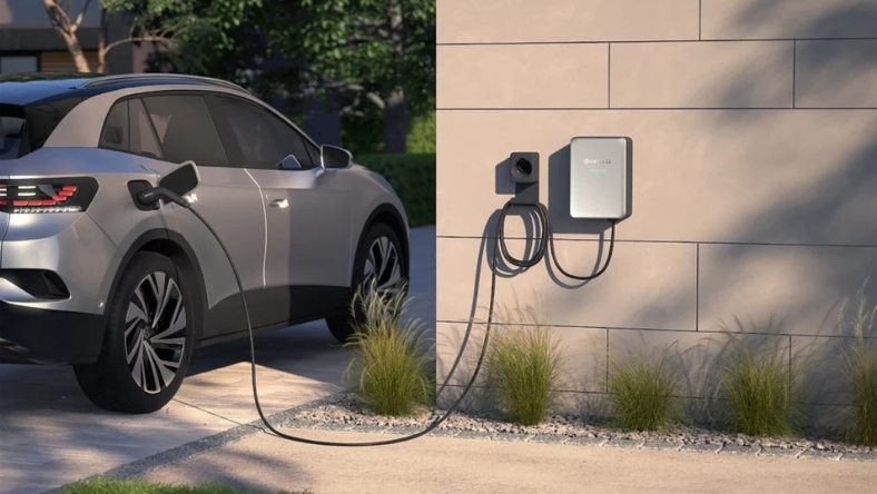 Electric car plugged into bidirectional home charger