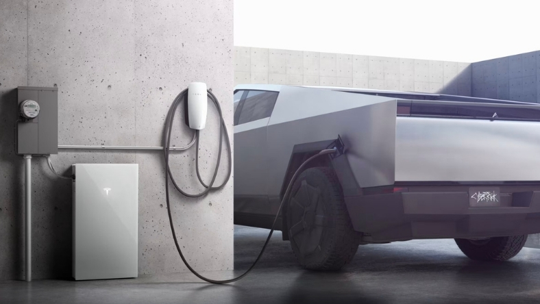 Tesla Cybertruck plugged into residential wall charger
